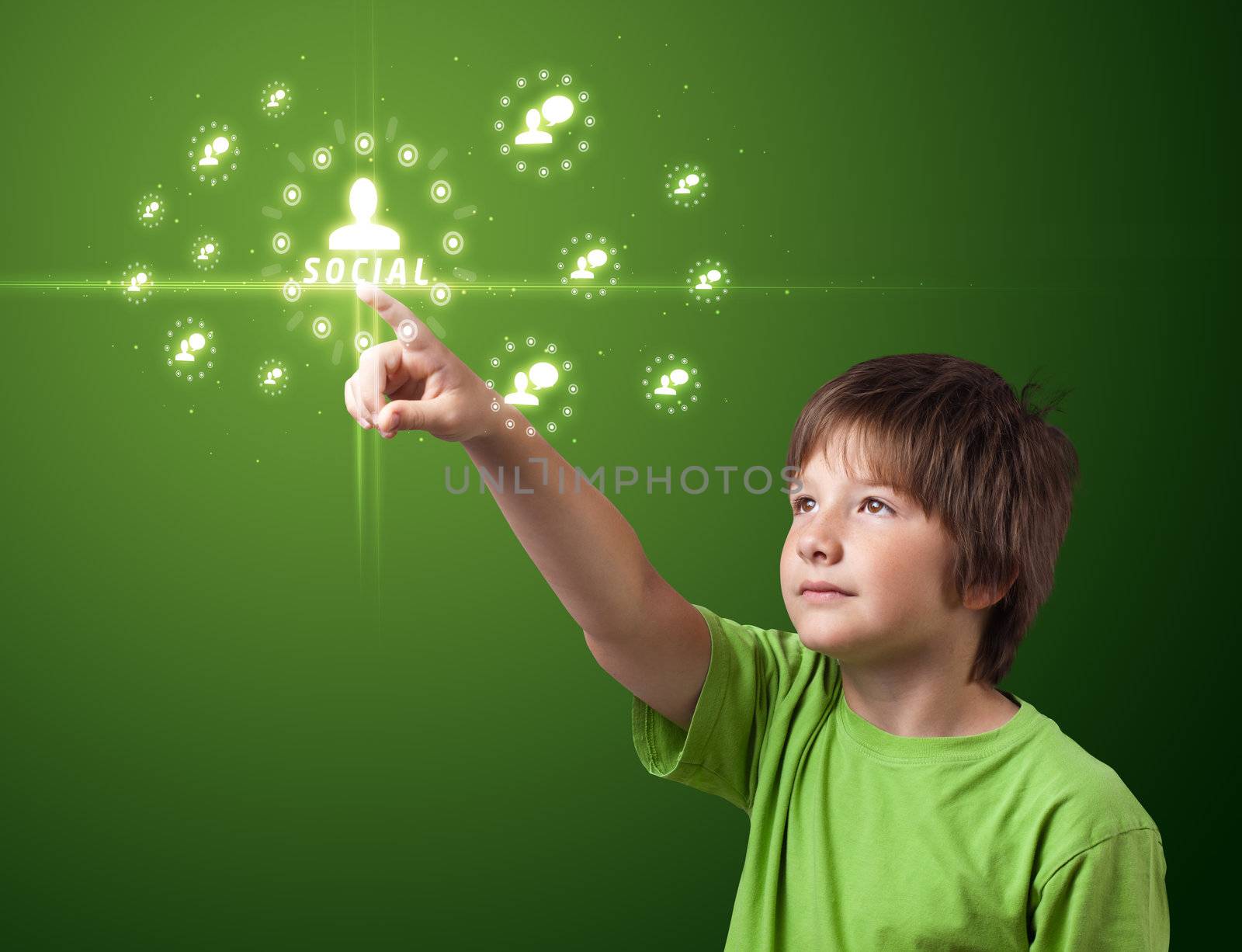 Businessman pressing modern social buttons on a virtual background