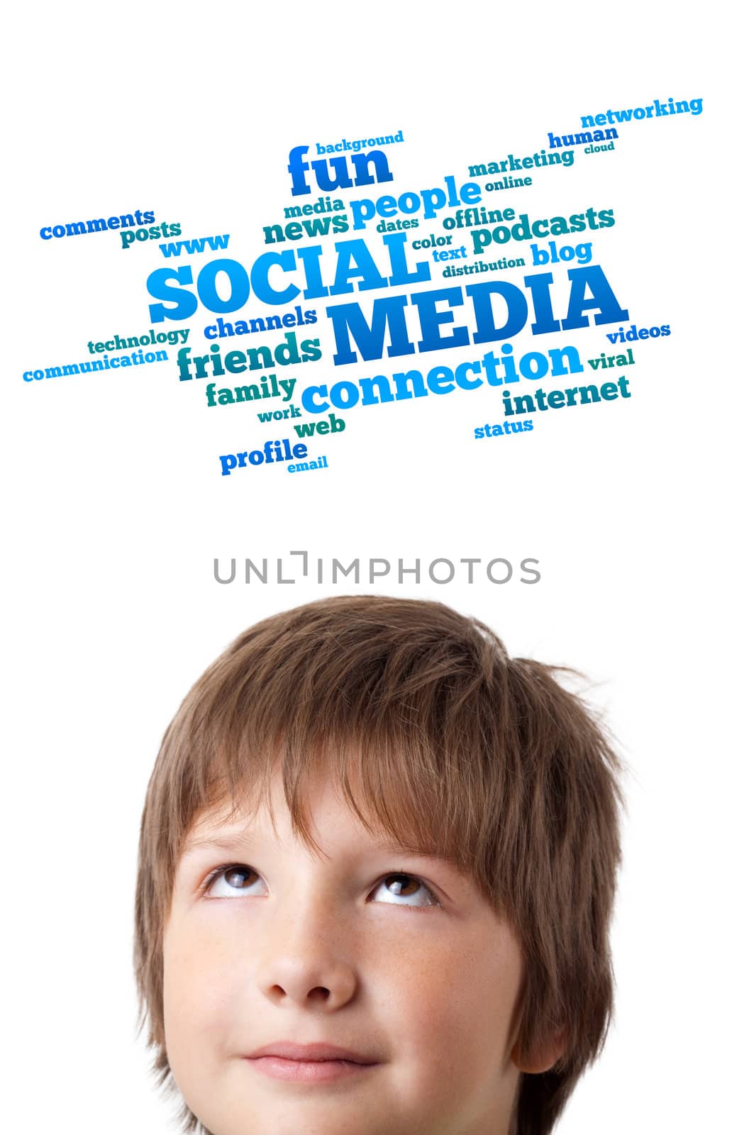 Young persons head looking with gesture at social type of icons and signs