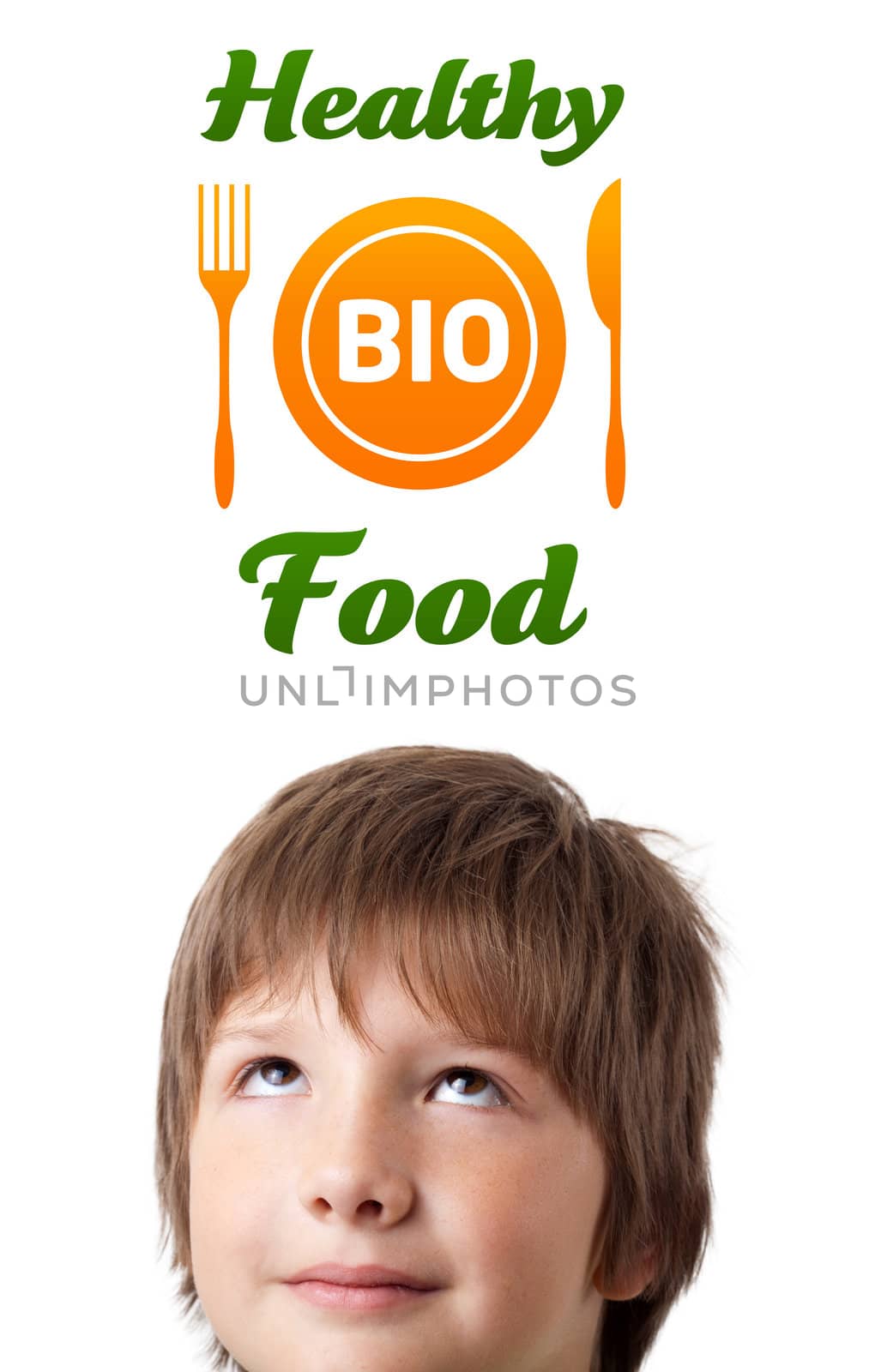 Young persons head looking with gesture at healthy food sign