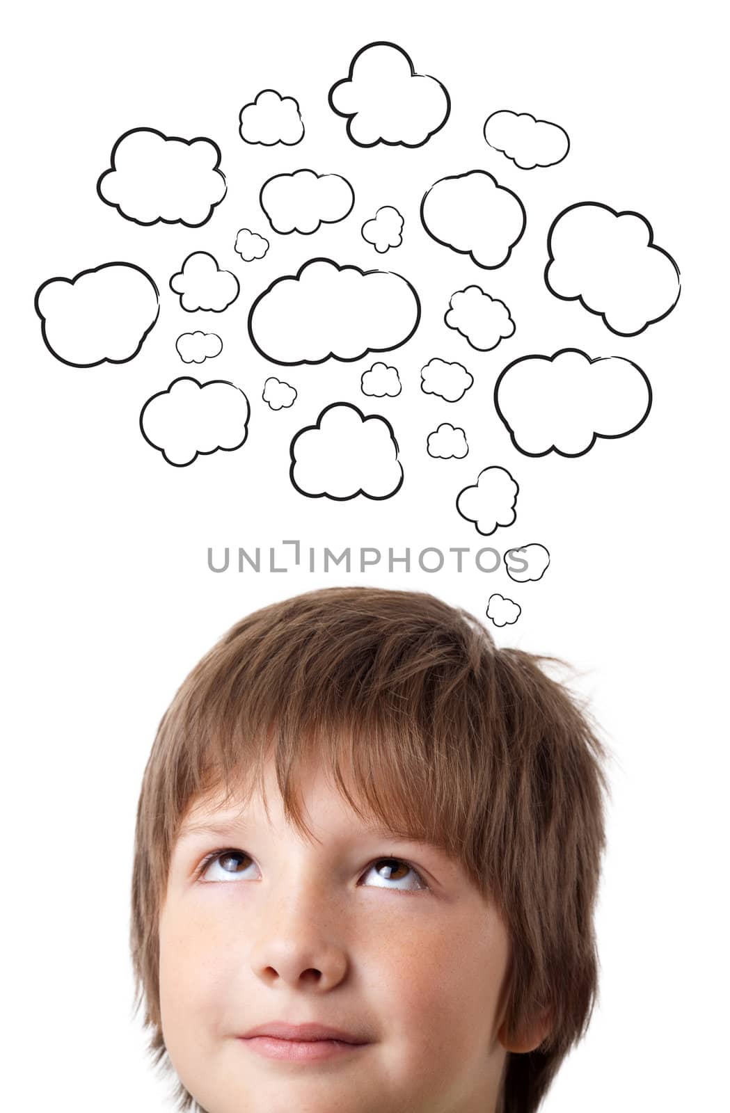 Young persons head thinking about white clouds