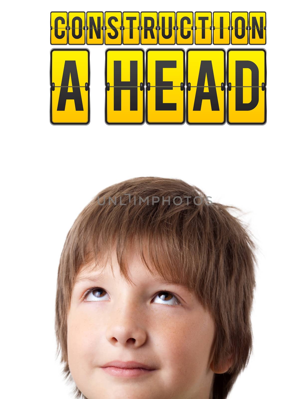 Young persons head looking with gesture at idea type of sign