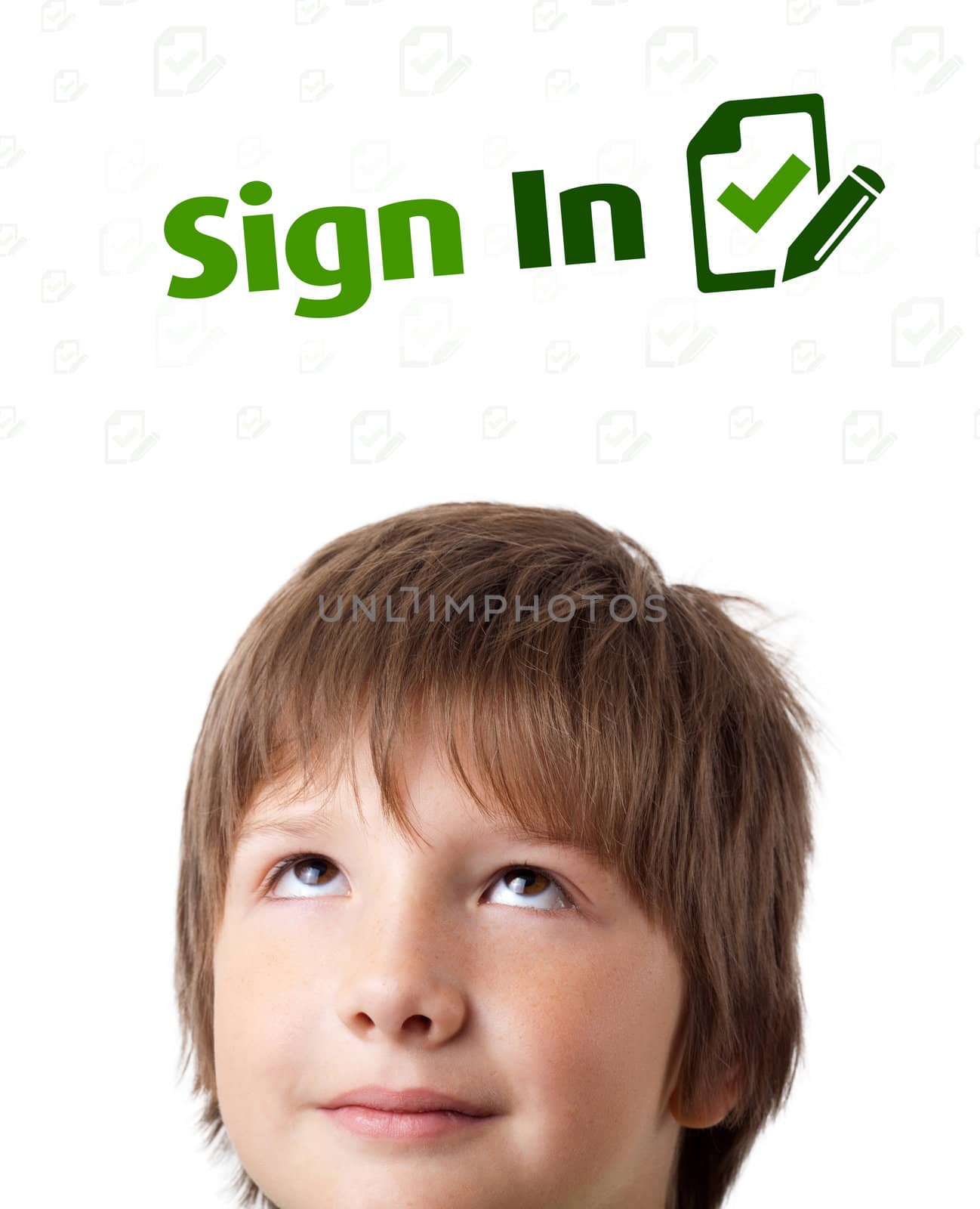 Young persons head looking with gesture at internet type of icons