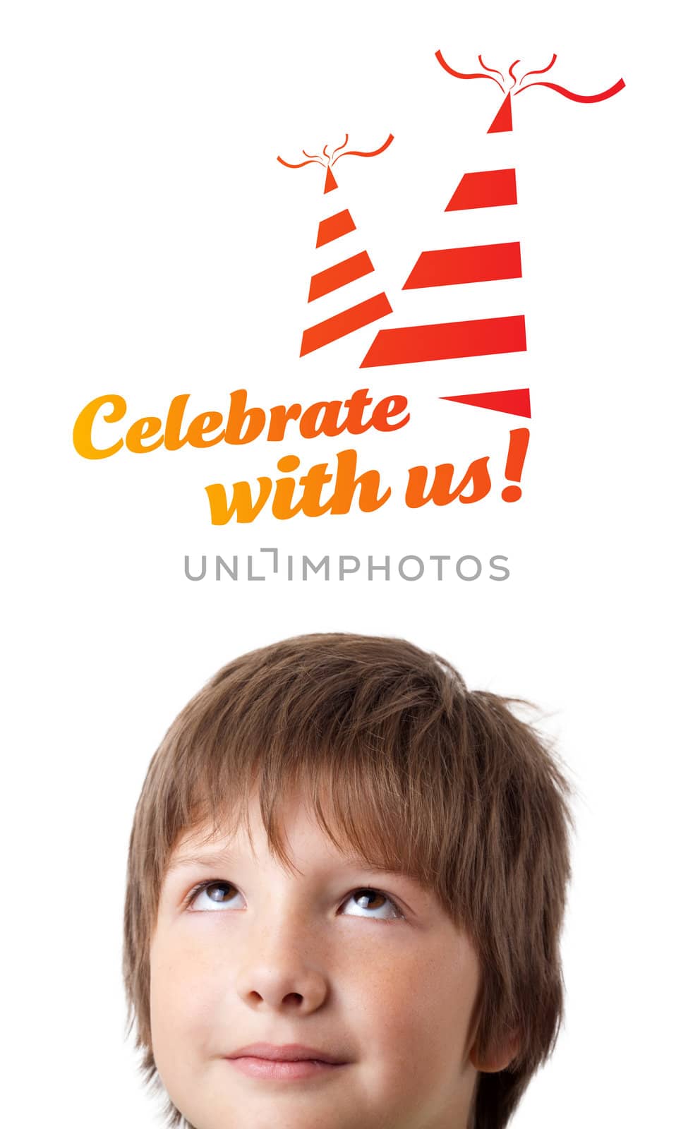 Young persons head looking with gesture at party icons and sign