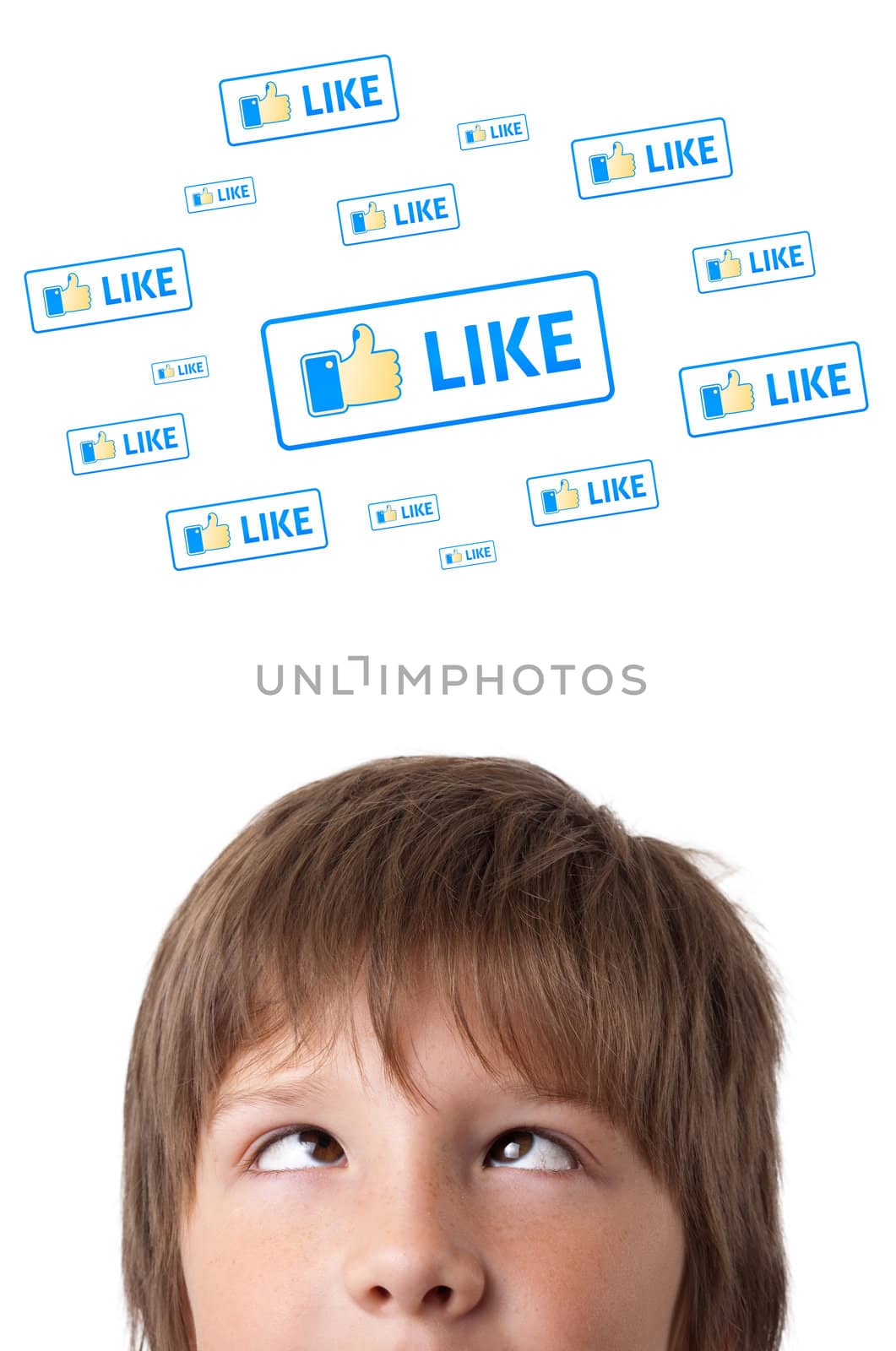 Young persons head looking with gesture at social type of icons and signs