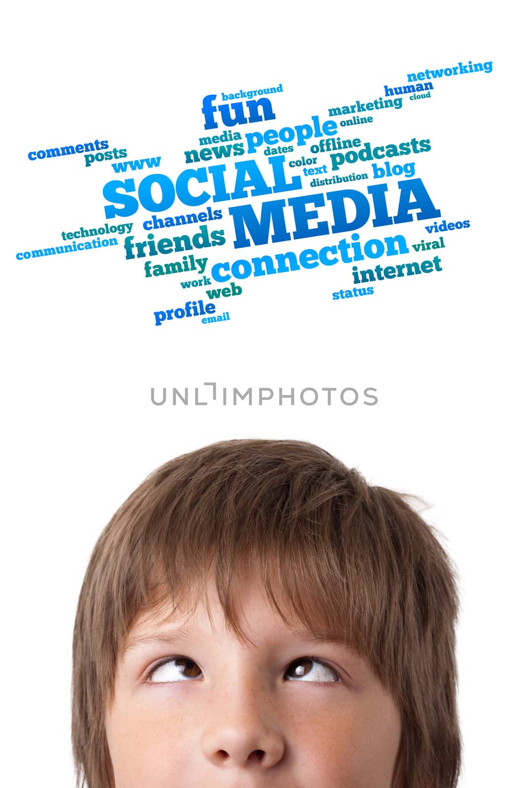 Young persons head looking with gesture at social type of icons and signs