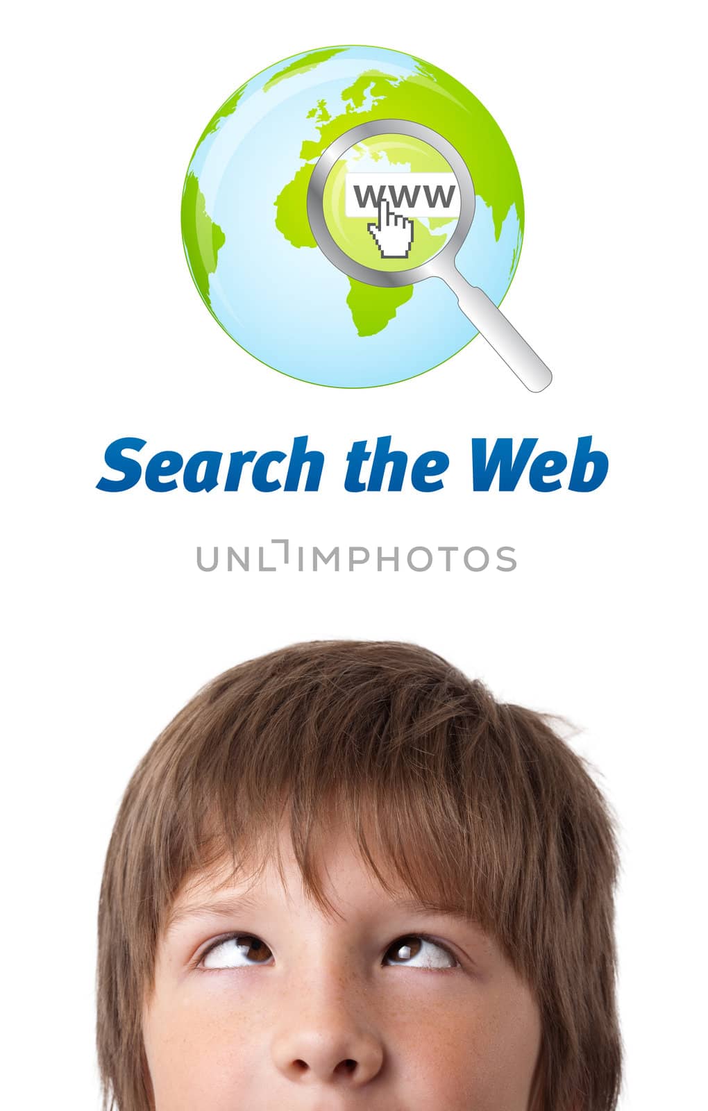 Young persons head looking with gesture at internet type of icons