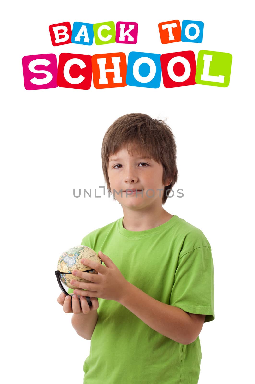 Boy with globe and back to school theme isolated on white