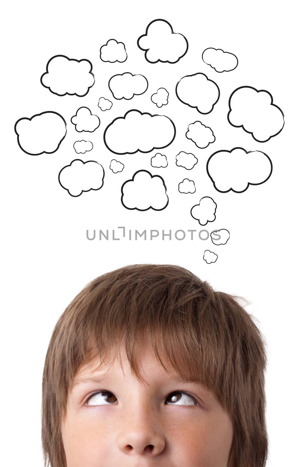 Young persons head thinking about white clouds