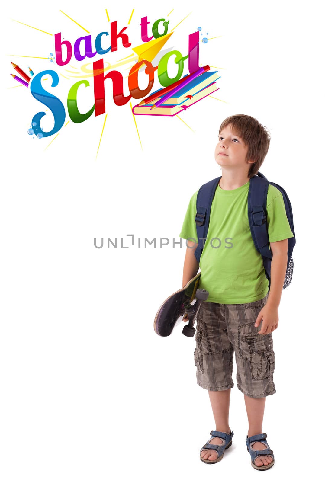 Kid with skateboard with back to school theme isolated on white