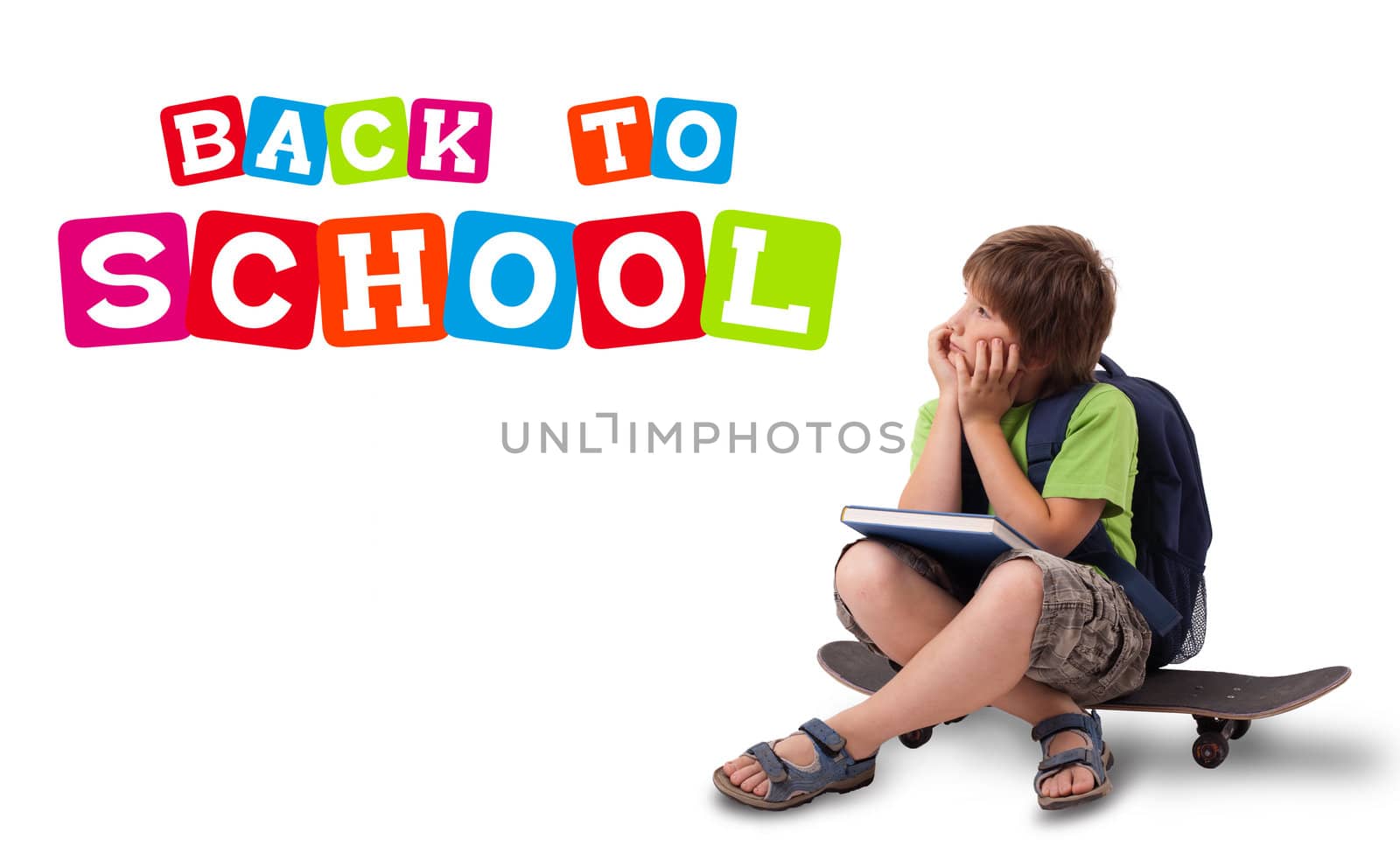 Kid sitting on skateboard with back to school theme isolated on white