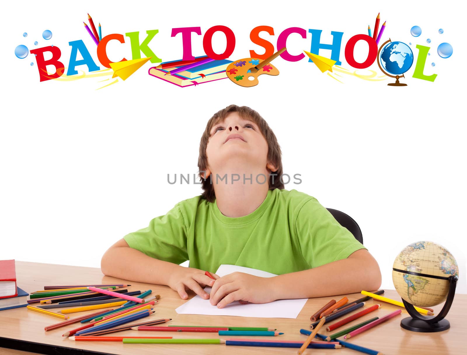 Boy in bench with back to school theme isolated on white