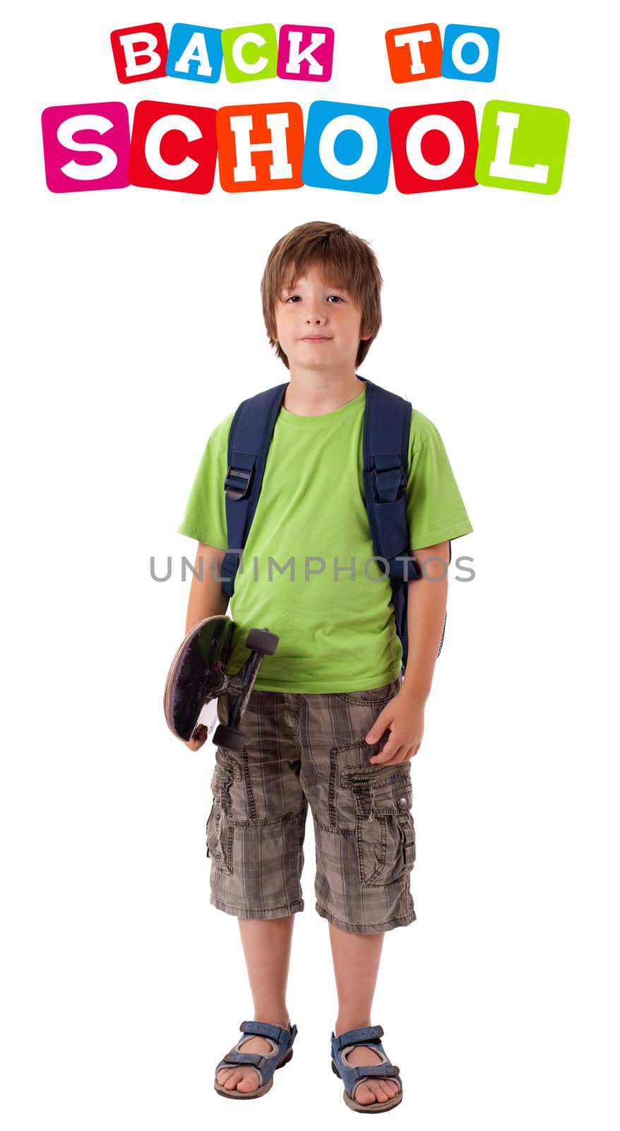 Kid with skateboard with back to school theme isolated on white