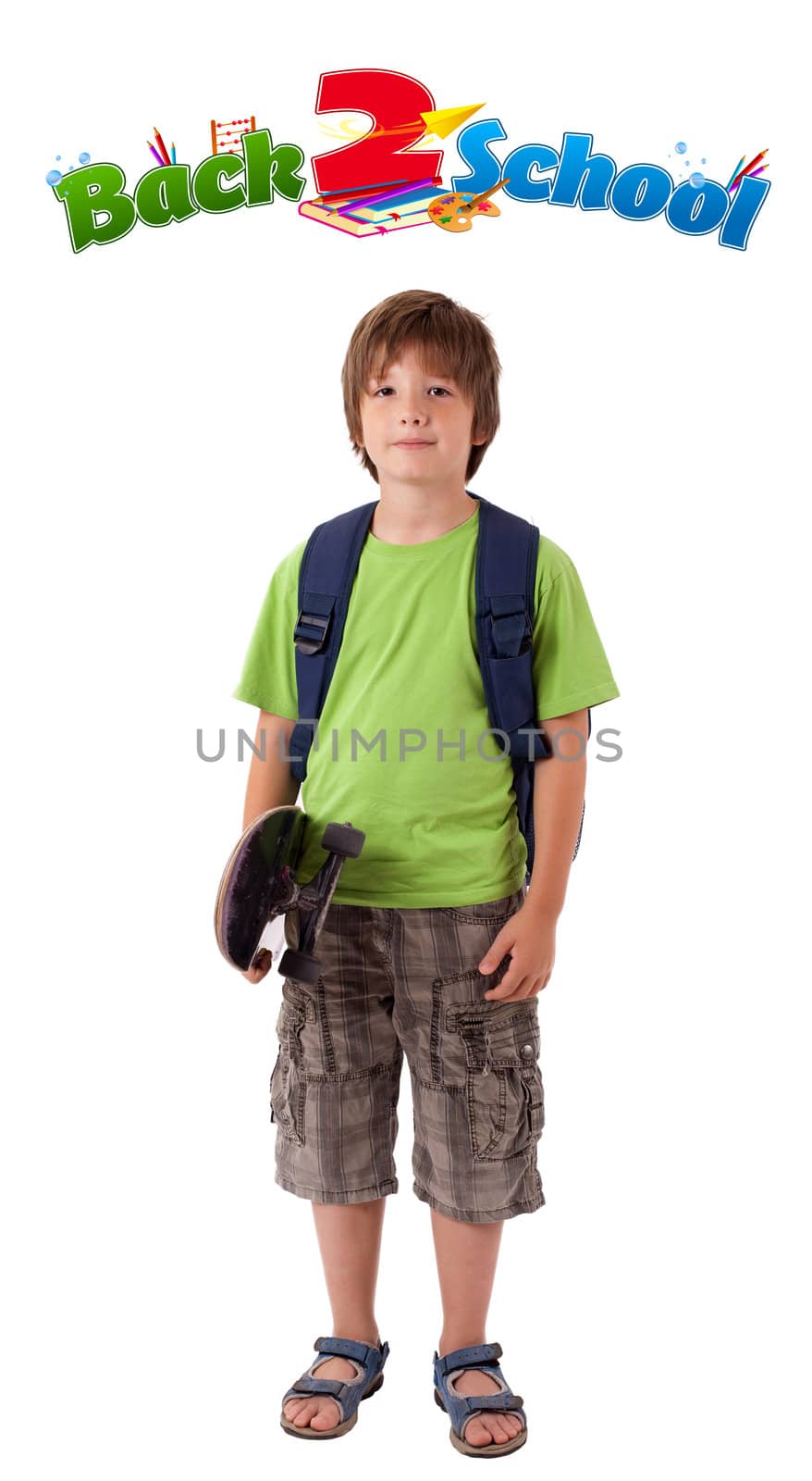 Boy holding a skateboard with back to school theme isolated on w by ra2studio