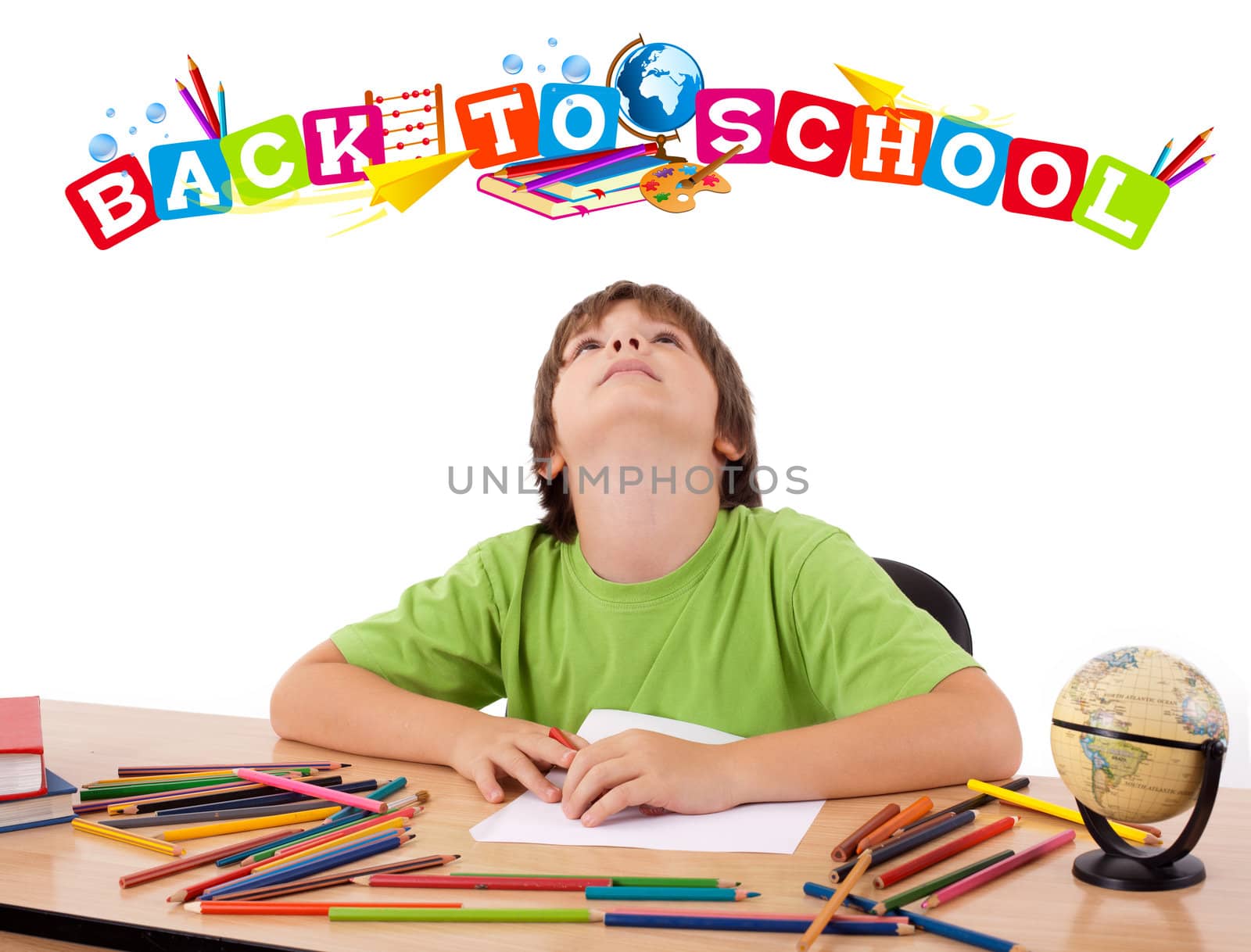 Boy with back to school theme isolated on white by ra2studio
