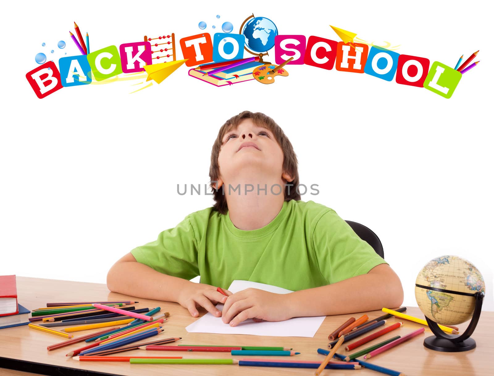 Boy in bench with back to school theme isolated on white