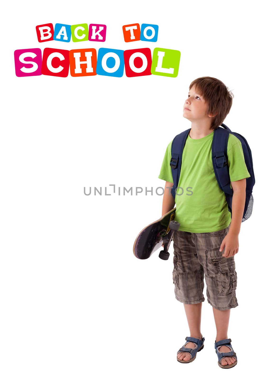 Boy with back to school theme isolated on white