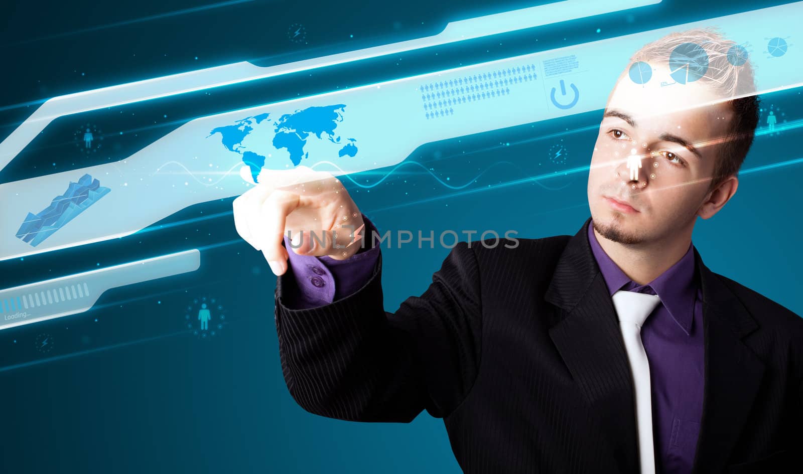Businessman pressing high tech type of modern buttons on a virtual background