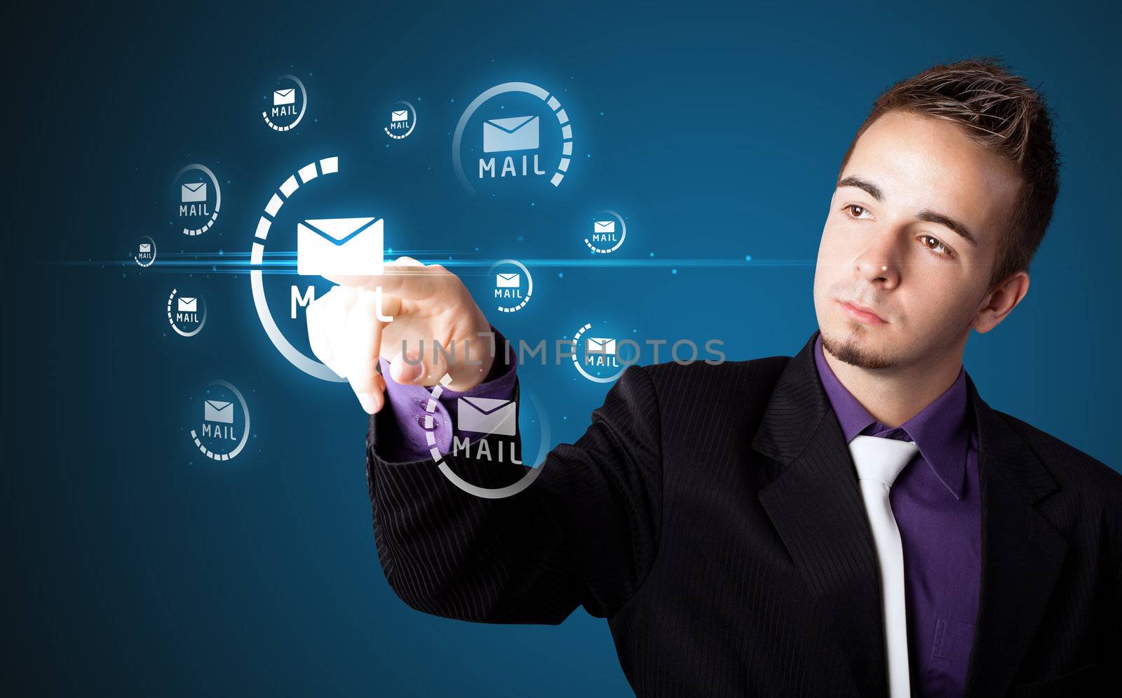 Businessman pressing messaging type of modern icons with virtual background