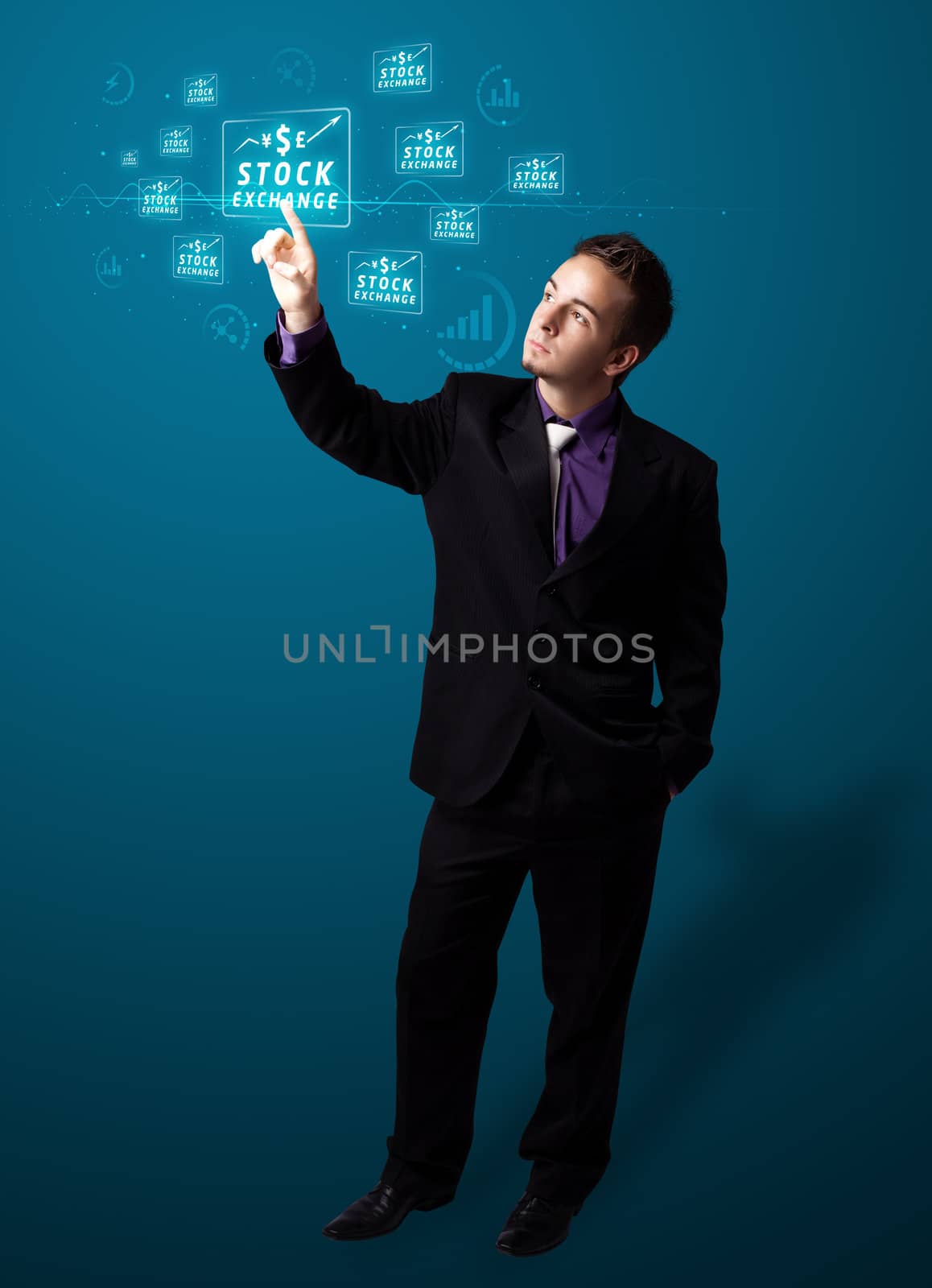 Businessman pressing business type of modern buttons with virtual background