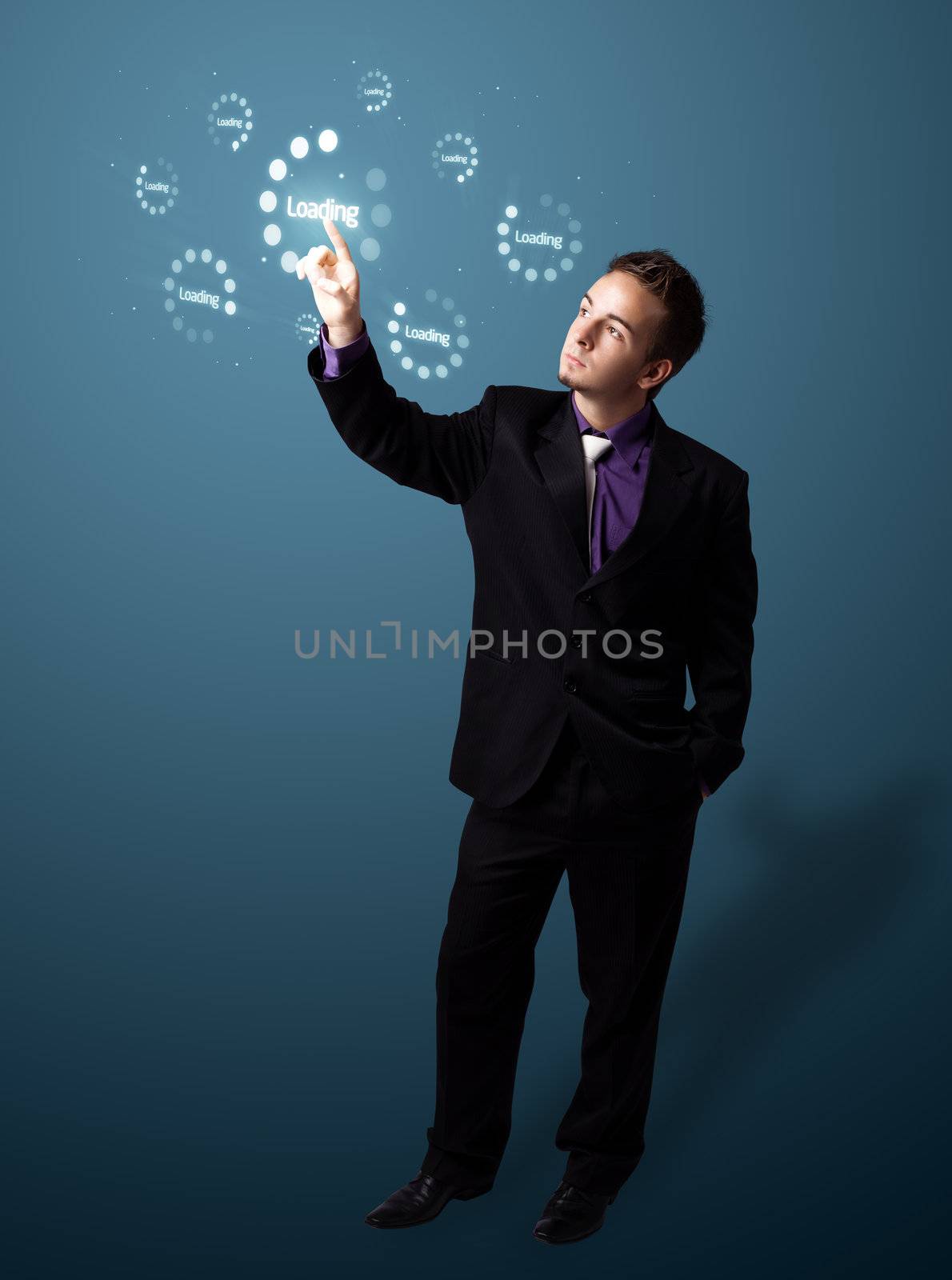 Businessman pressing simple start buttons on a virtual background