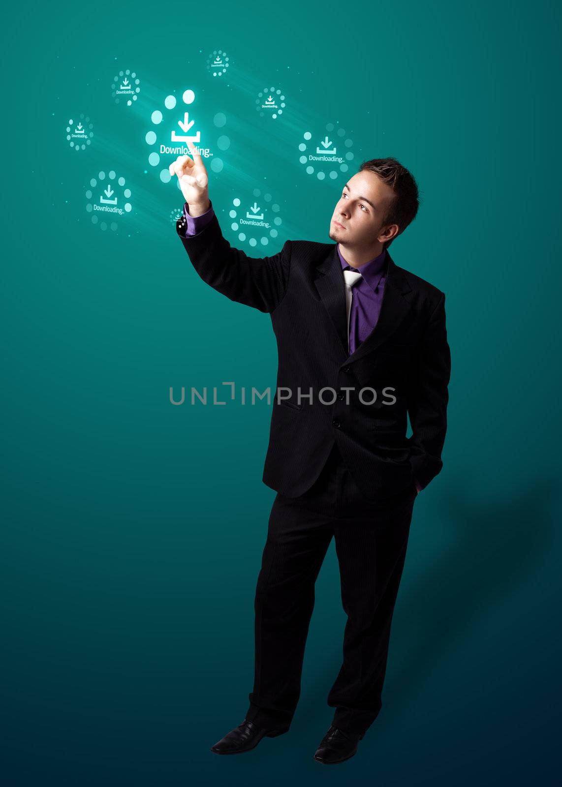 Businessman pressing simple start buttons on a virtual background