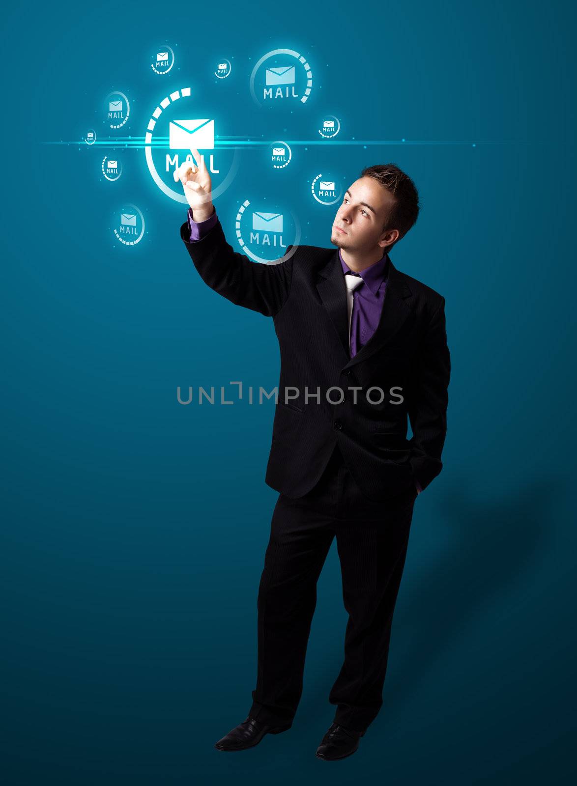 Businessman pressing messaging type of modern icons with virtual background