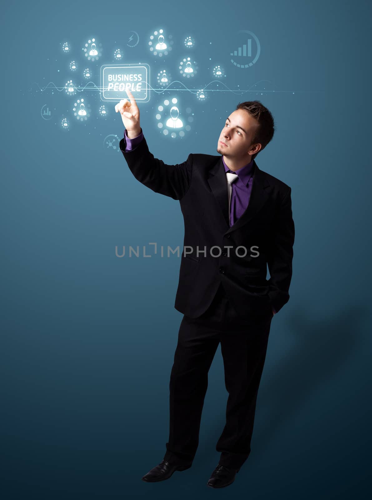 Businessman pressing business type of modern buttons with virtual background