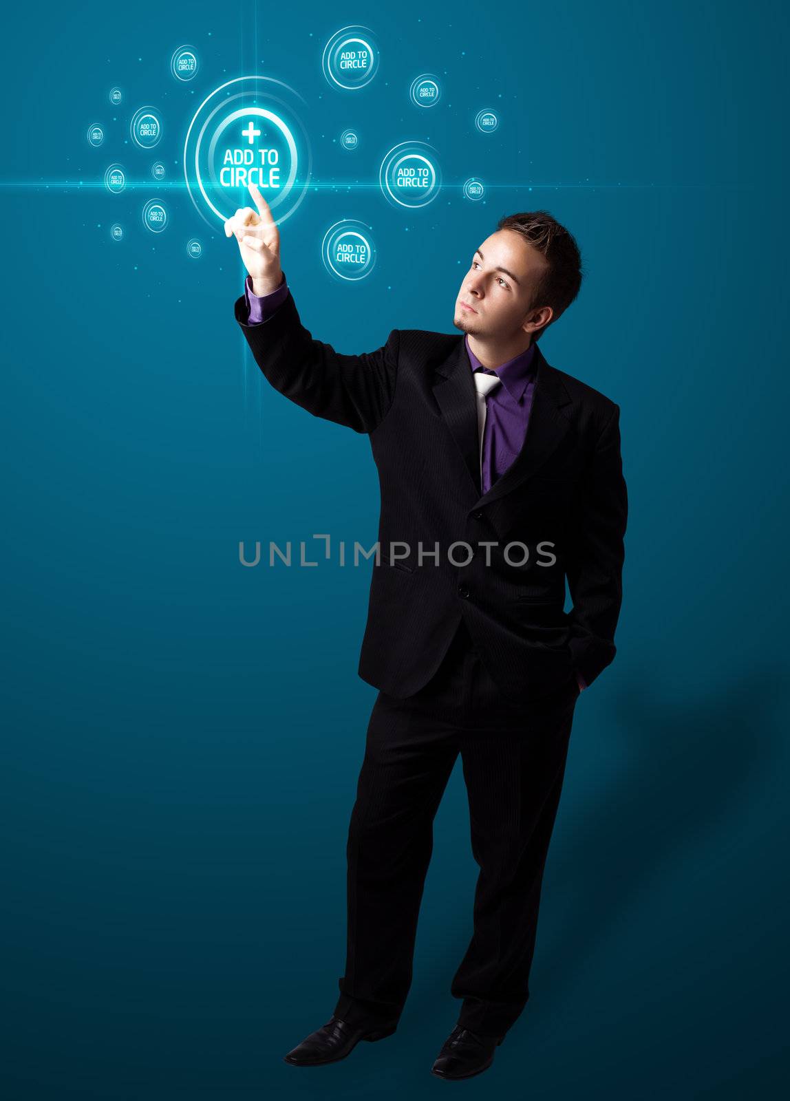 Businessman pressing modern social buttons on a virtual background