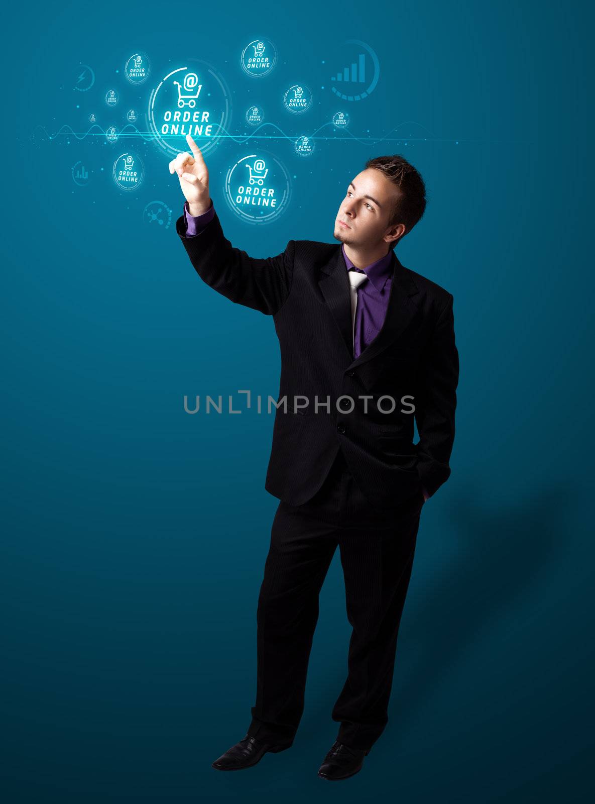Businessman pressing virtual promotion and shipping type of icon by ra2studio