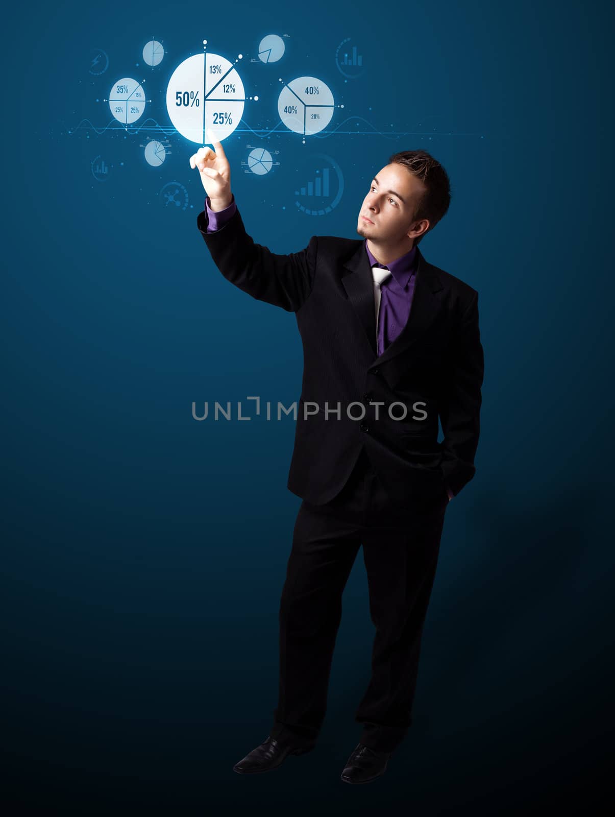 Businessman pressing business type of modern buttons with virtual background