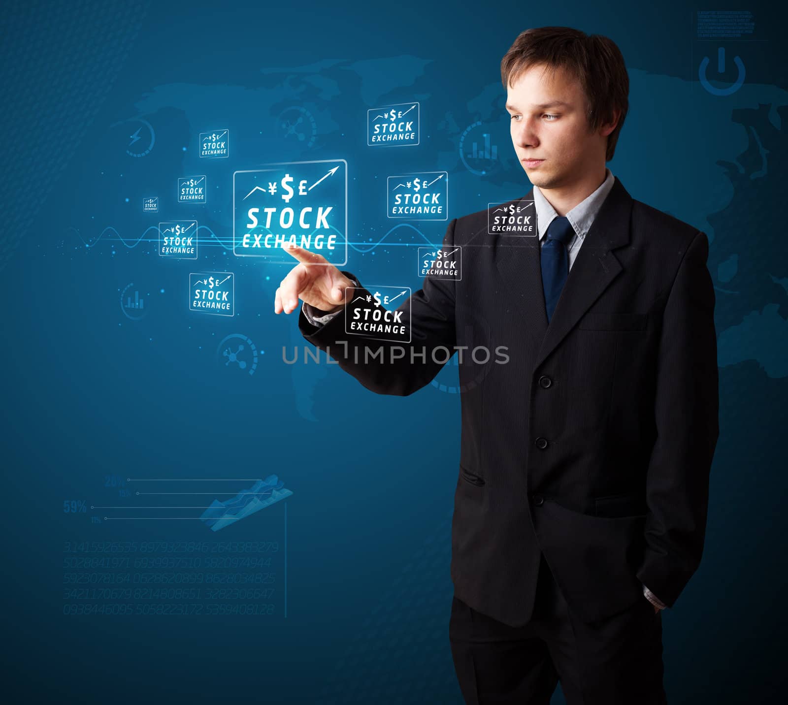 Businessman pressing business type of modern buttons with virtual background