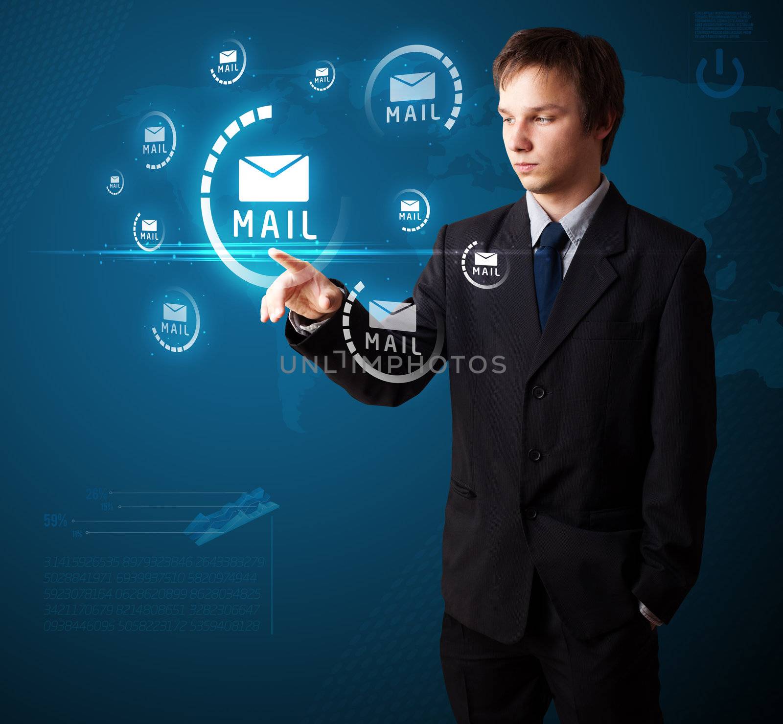 Businessman pressing messaging type of modern icons with virtual background