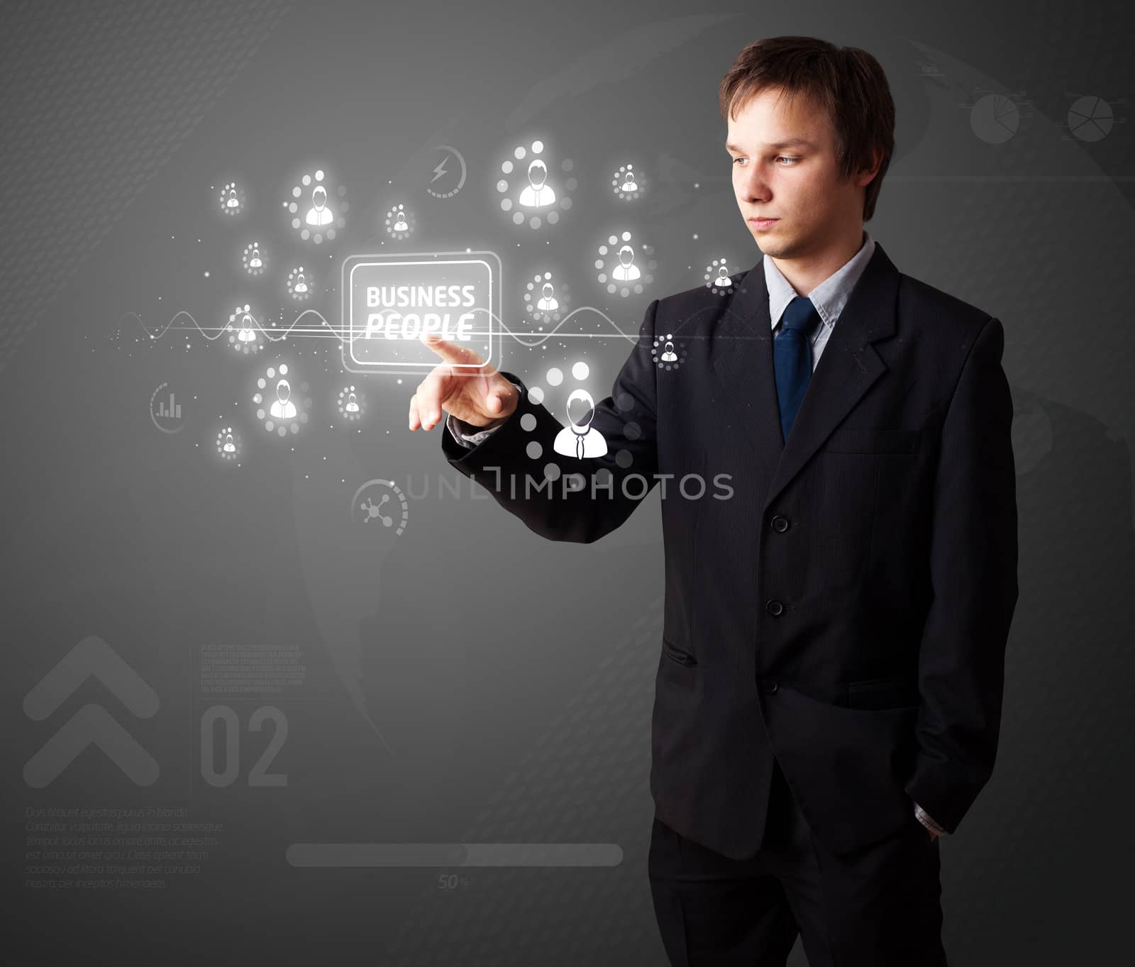 Businessman pressing business type of modern buttons with virtual background