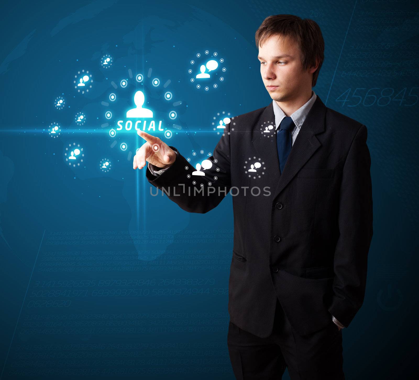 Businessman pressing modern social buttons on a virtual background