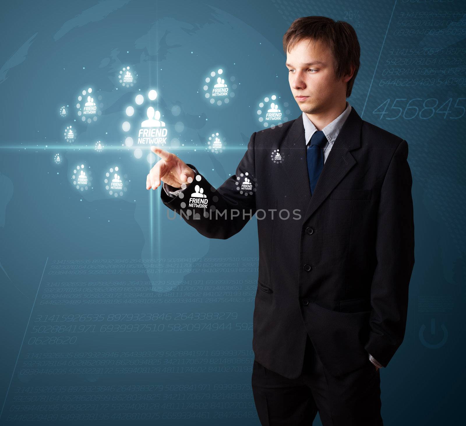 Businessman pressing modern social buttons on a virtual background