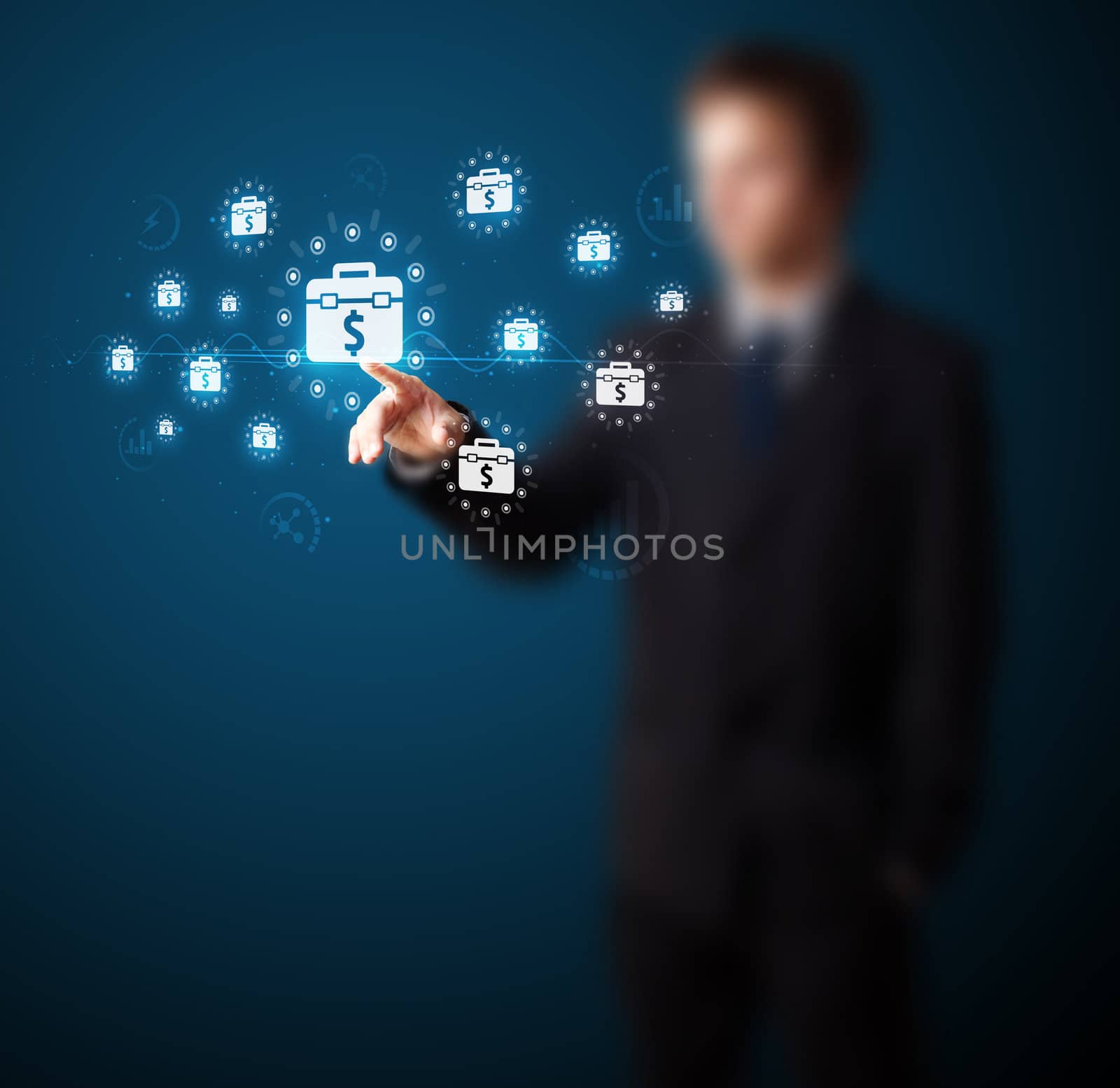 Businessman pressing business type of modern buttons with virtual background