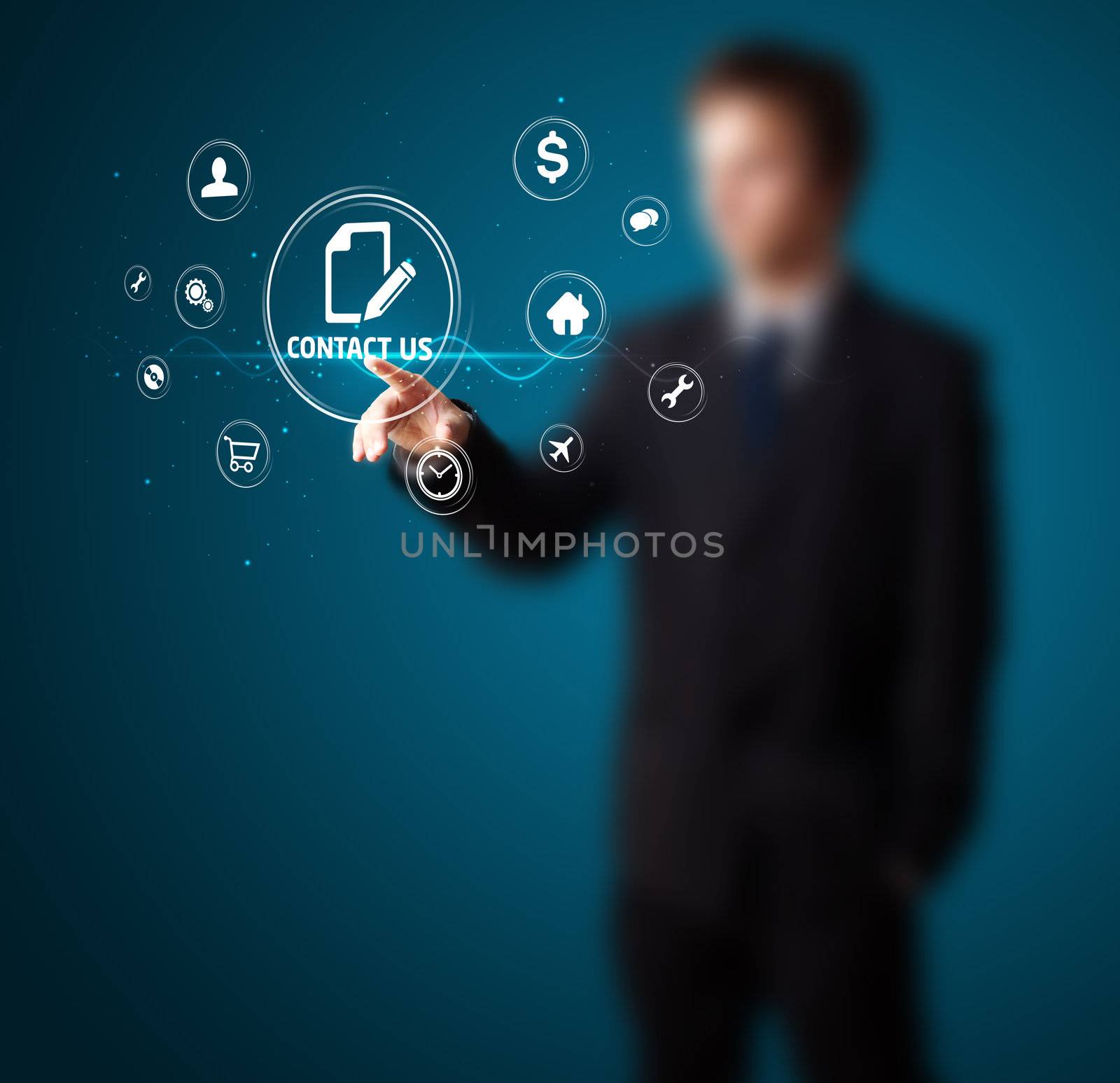 Businessman pressing messaging type of modern icons with virtual background