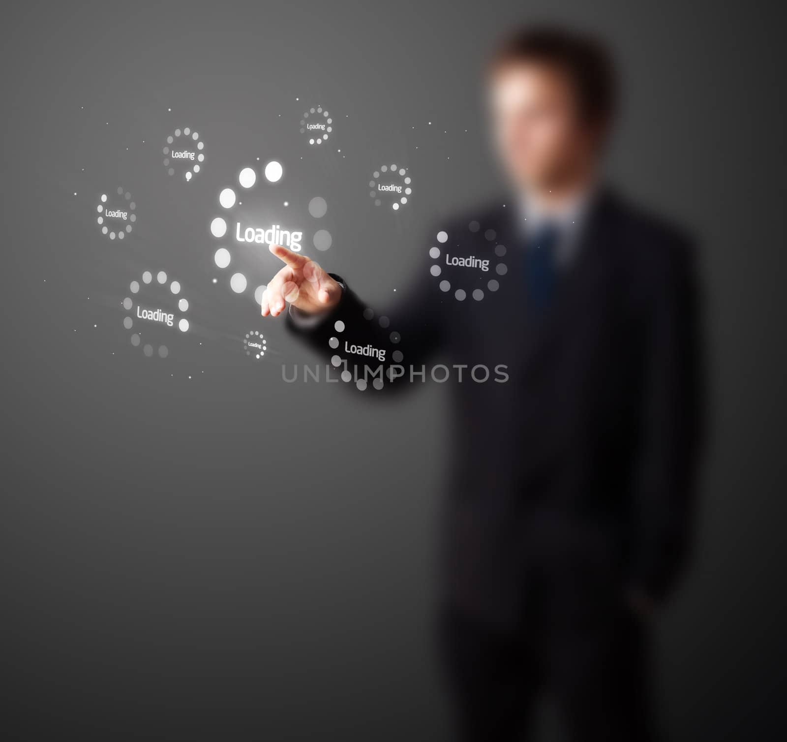 Businessman pressing simple start buttons on a virtual background