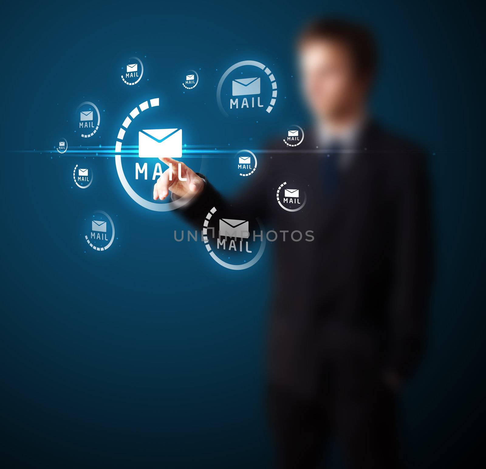 Businessman pressing messaging type of modern icons with virtual background