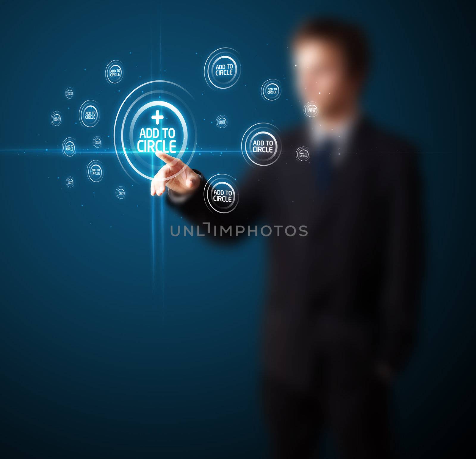 Businessman pressing modern social buttons on a virtual background