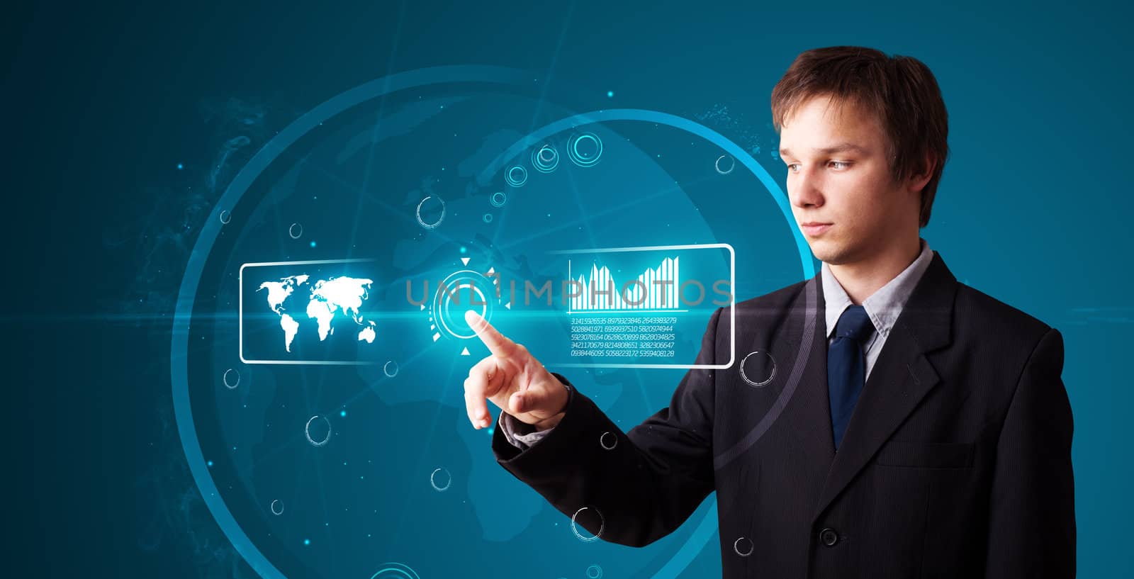 Businessman pressing high tech type of modern buttons on a virtual background