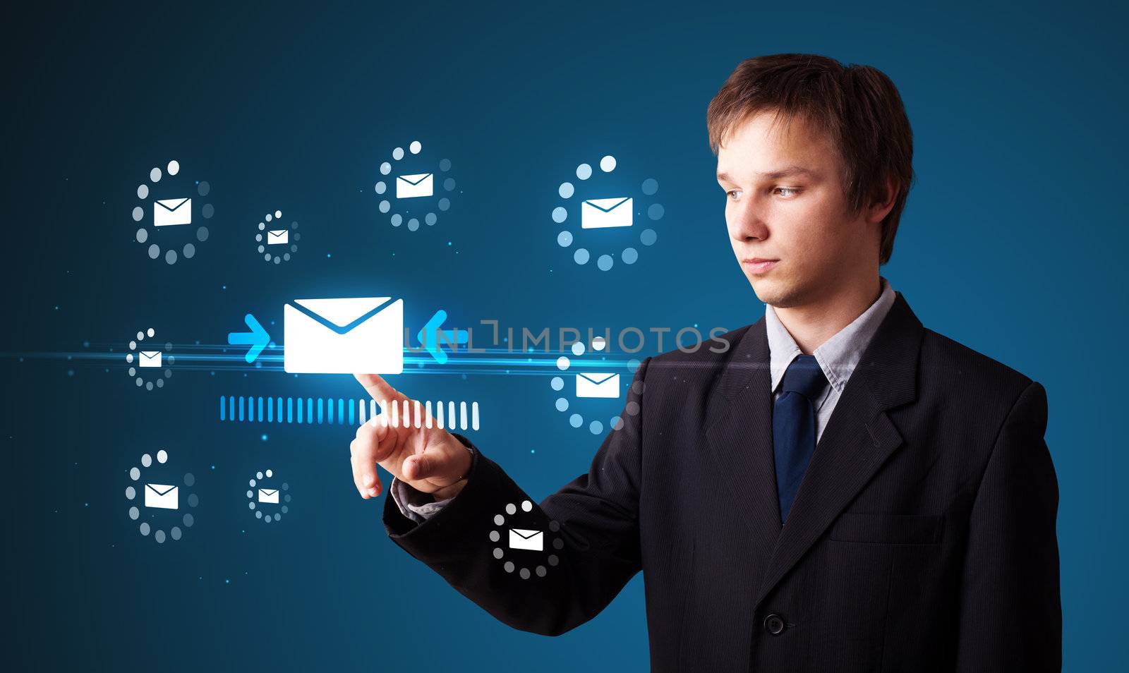 Businessman pressing messaging type of modern icons with virtual background