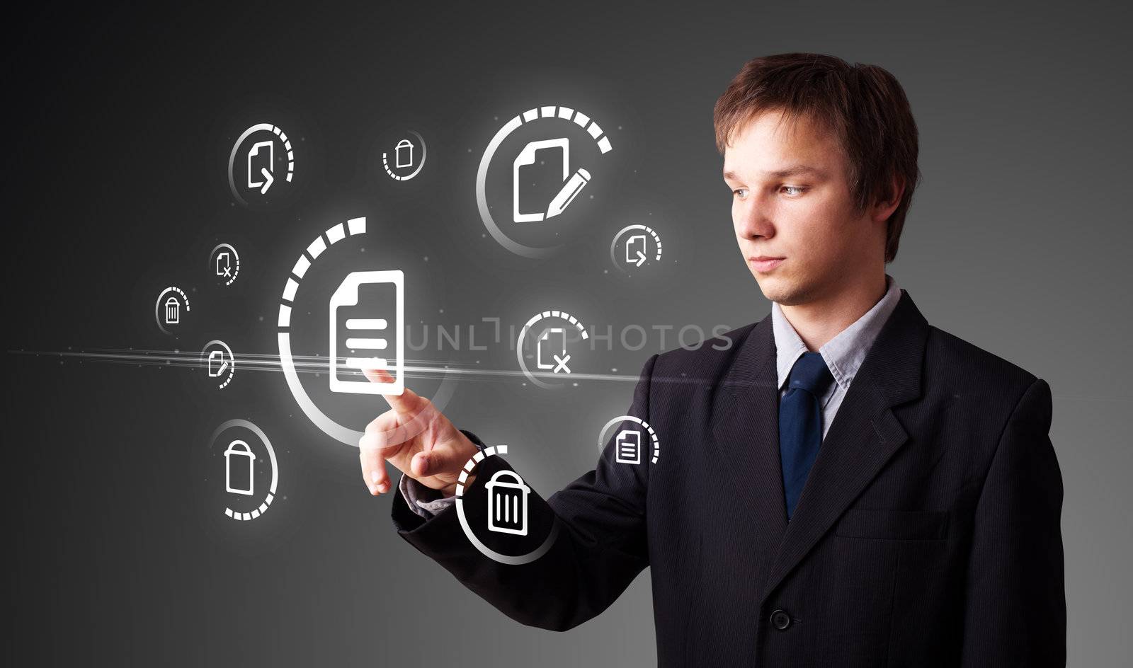 Businessman pressing messaging type of modern icons with virtual background