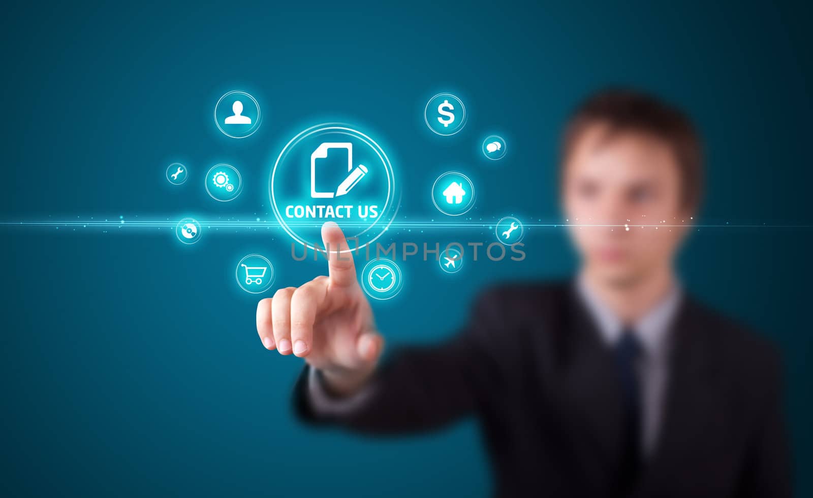 Businessman pressing business type of modern buttons with virtual background