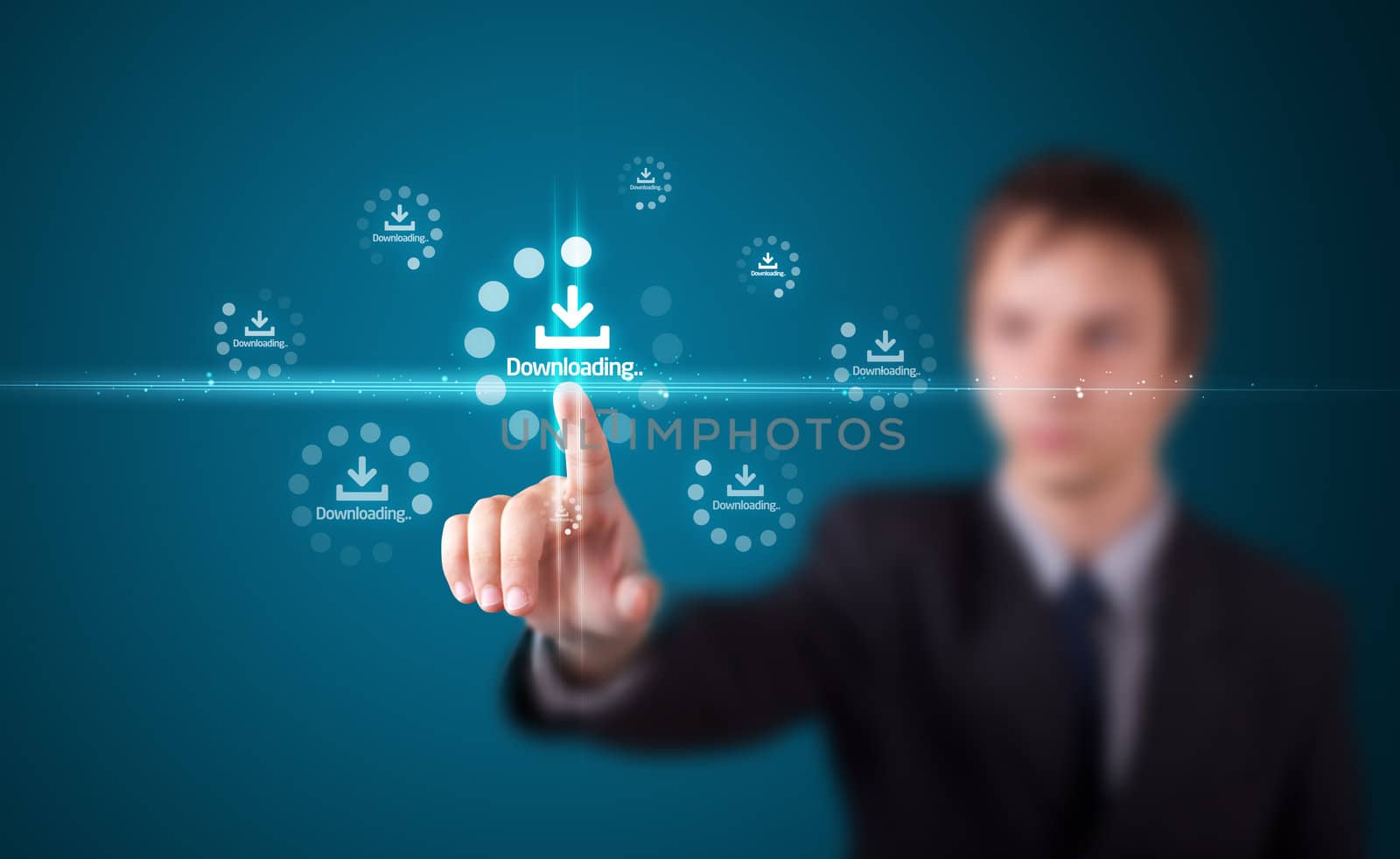 Businessman pressing simple start buttons on a virtual background