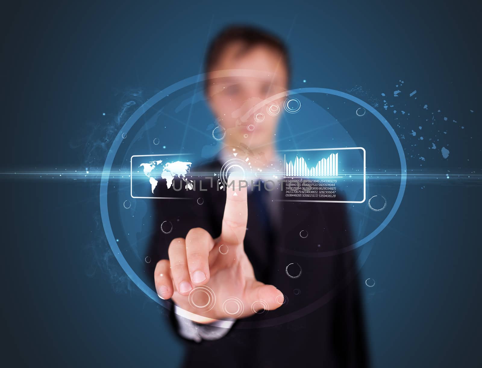 Businessman pressing high tech type of modern buttons on a virtual background