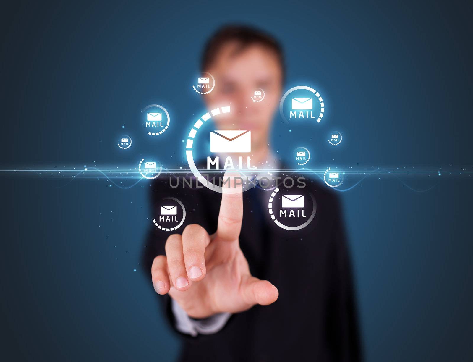 Businessman pressing messaging type of modern icons with virtual background