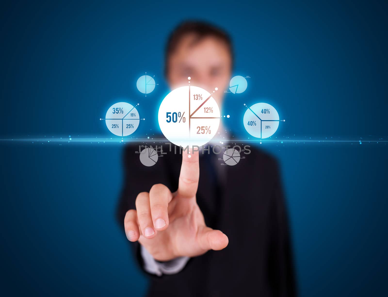 Businessman pressing business type of modern buttons with virtual background