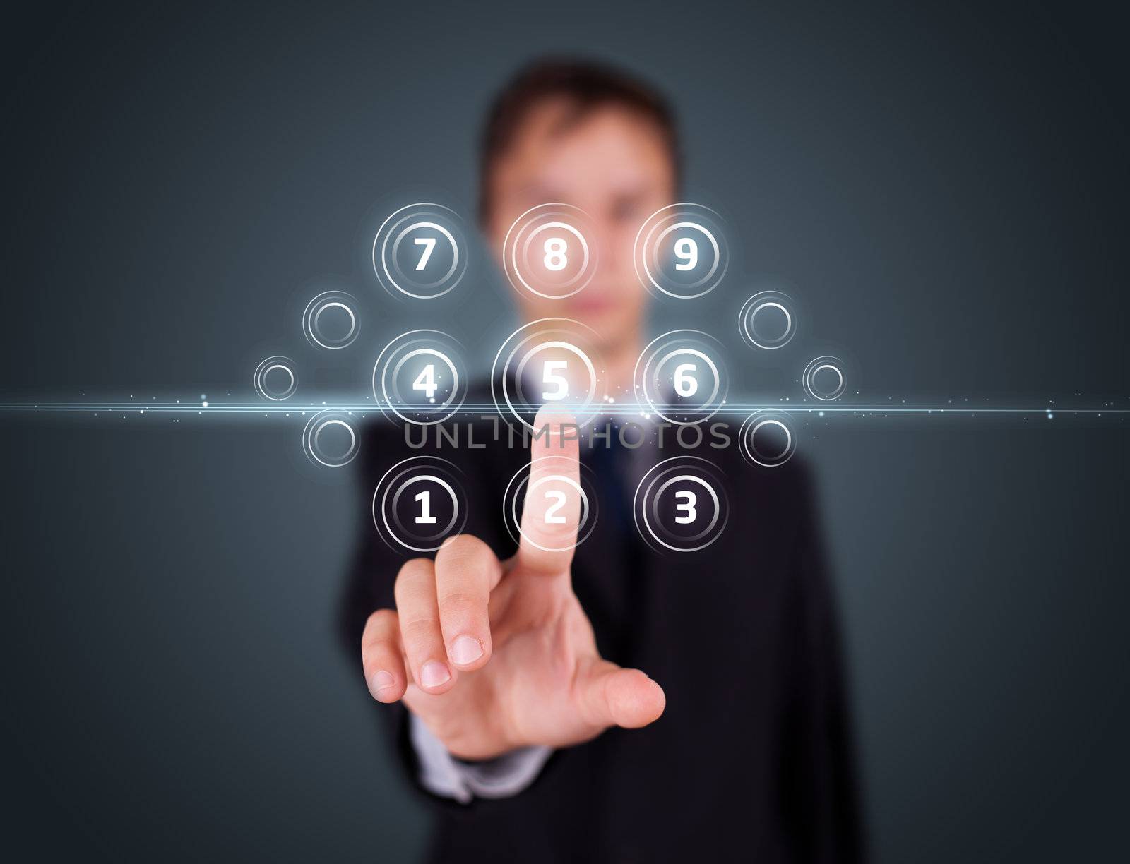 Businessman pressing messaging type of modern icons with virtual background