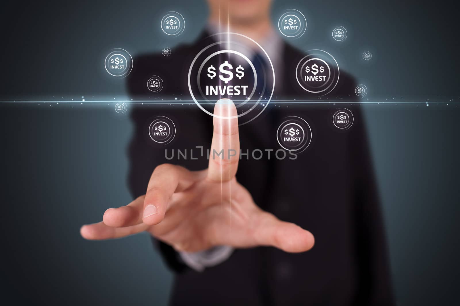 Businessman pressing business type of modern buttons with virtual background